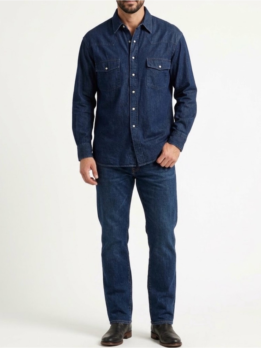 Guide Gear Men’s Western Blue Cotton Denim Snap Shirt Long Sleeve Point Collar